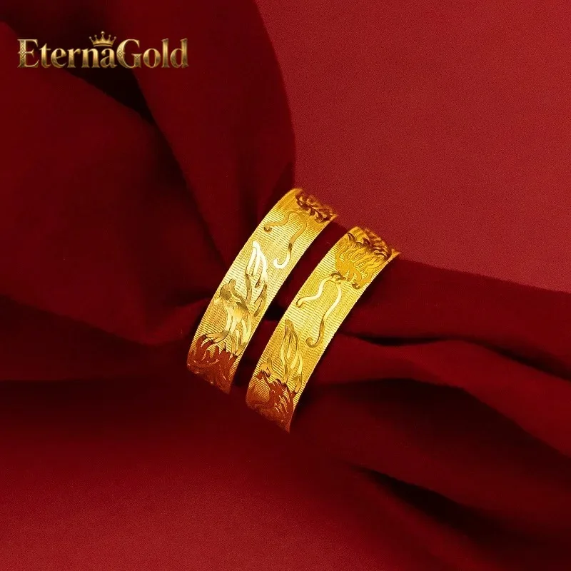 

EternaGold 24K AU999 pure gold carved dragon and phoenix auspicious ring - gold jewelry for couples