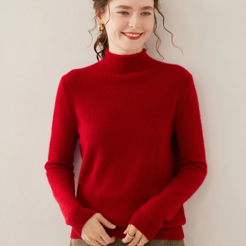 Classic first-line ready to wear women's wool pullover sweater with half high collar and long sleeves, high-quality sweater