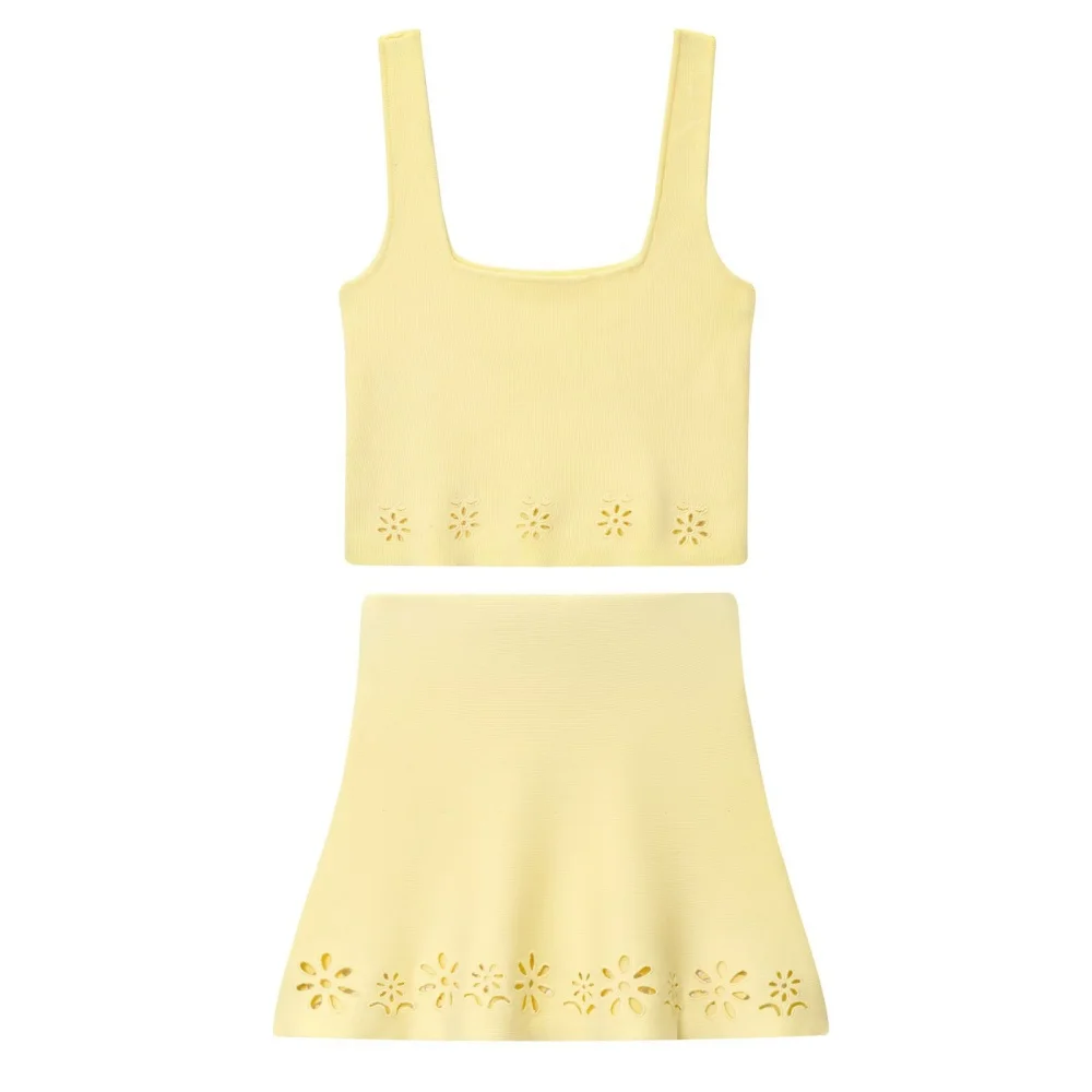 UNIZERA Women's Square Neck Wide Shoulder Strap Top with Hollow Embroidery Knitted Skirt Spring/Summer New Women's Clothing