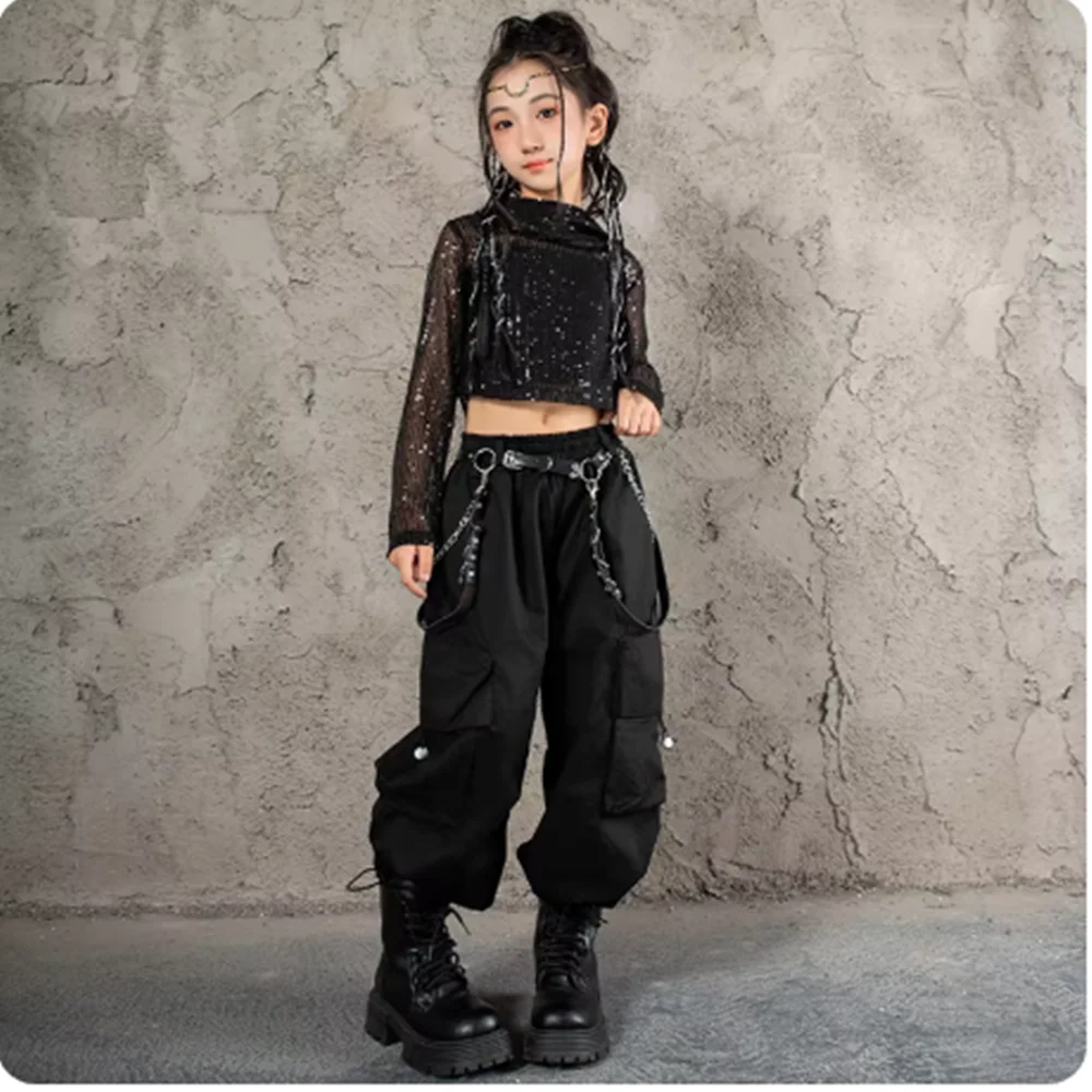2025年 ブラック ジャズダンス ステージスーツ ガールズ KPOP ヒップホップ パフォーマンス ウェア クール キッズ ストリートダンス 衣装 パーカー カーゴパンツ 秋