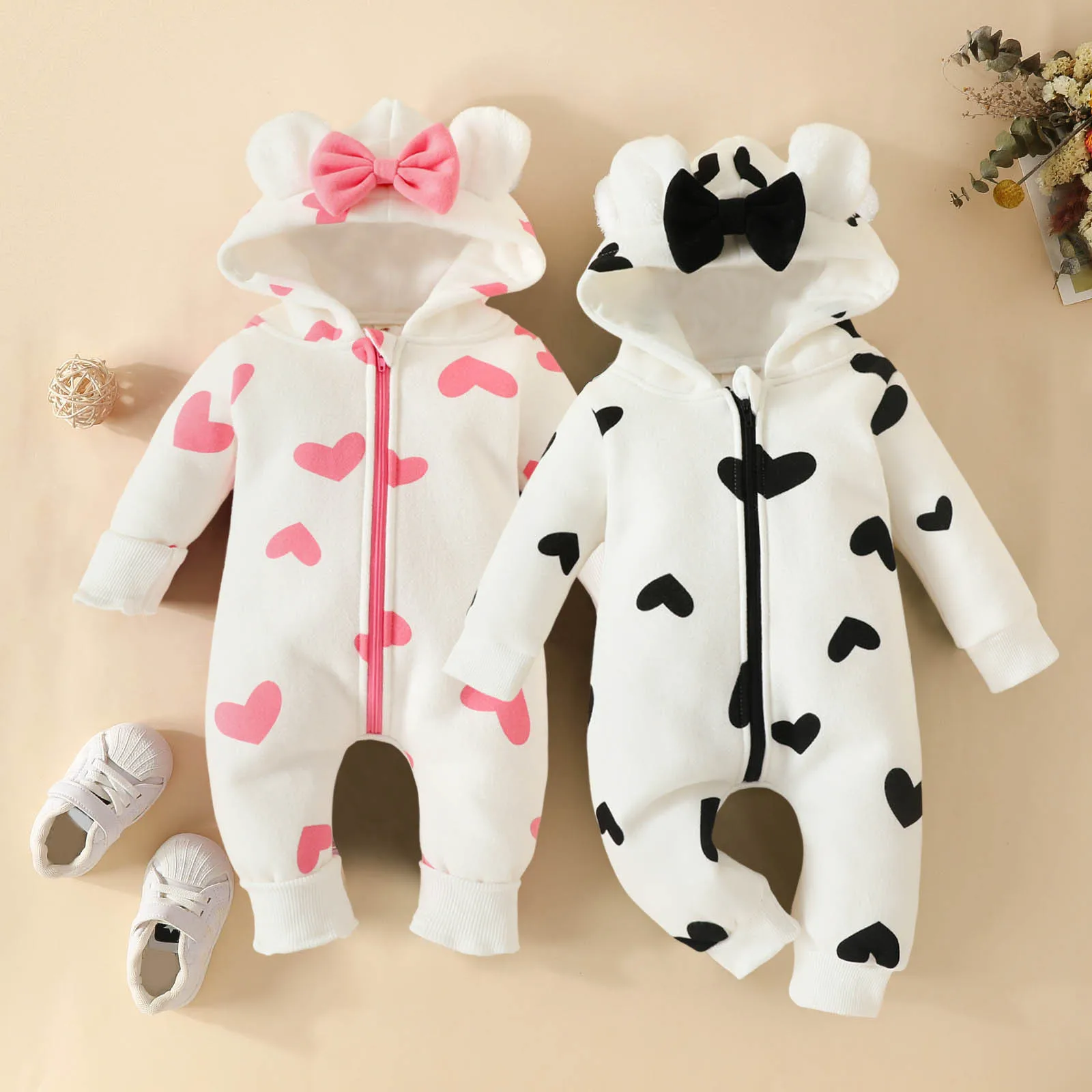 Baby Clothes Romper Jumpsuit For Newborns Costume Spring Long Sleeve Heart Print Zipper Cute Ears Hooded Thicken Infant Overalls