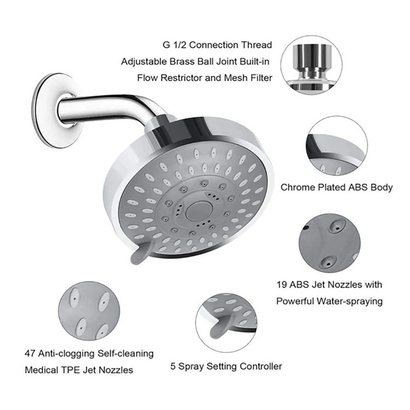 High Pressure Shower Head Sprayer 4 Inch 5 Setting Adjustable Rainfall Wall Universal Mounted Bathroom Accessories Water Saving