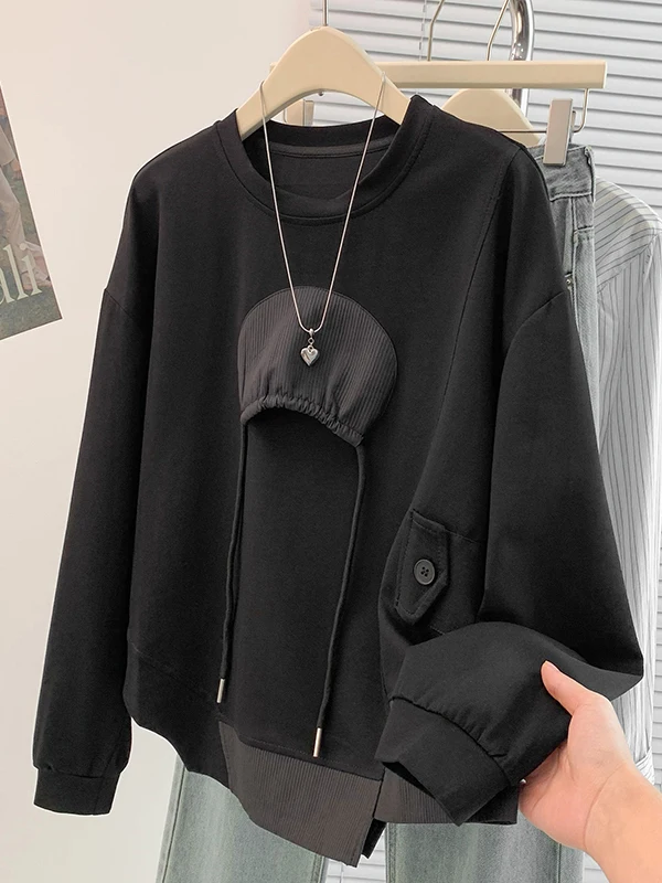 

Faionable Anti-Aging Bla round Ne Long Sve Толстовка с капюшоном, весна 2026, женский свободный повседневный универсальный топ больших размеров