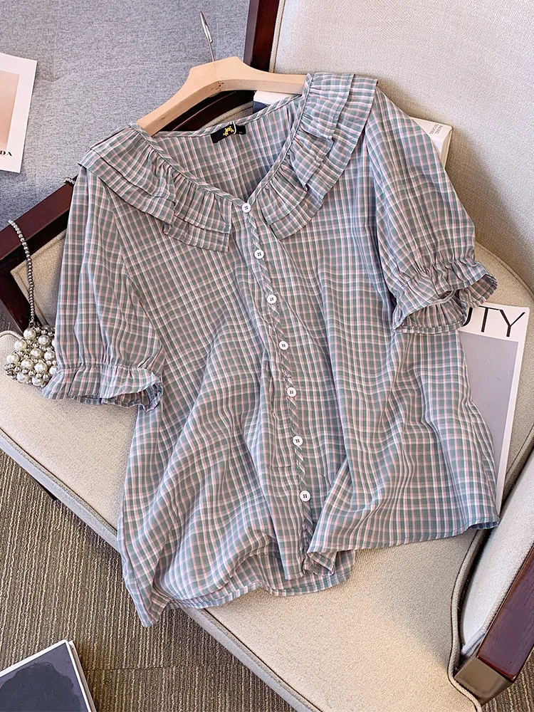 

150Kg Plus Size Women's Bust 157 Summer Loose Plaid Ruffled V-Neck Short Sleeved Shirt 5XL 6XL 7XL 8XL 9XL