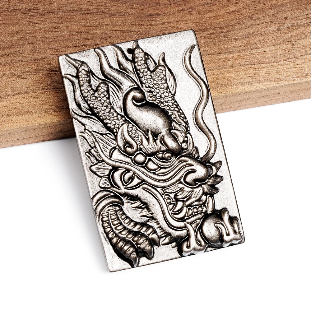 

Authentic Hand Carved Dragon Silver Obsidian Pendant Square Protection Amulet Stone For Jewelry Making DIY Necklace 57X36X10mm