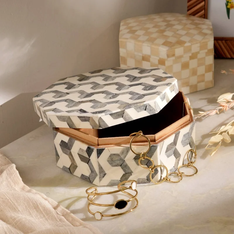 

U Pattern Hexagon Bone & MDF Box –Modern Decorative Storage Solution-7.5X7.5X3