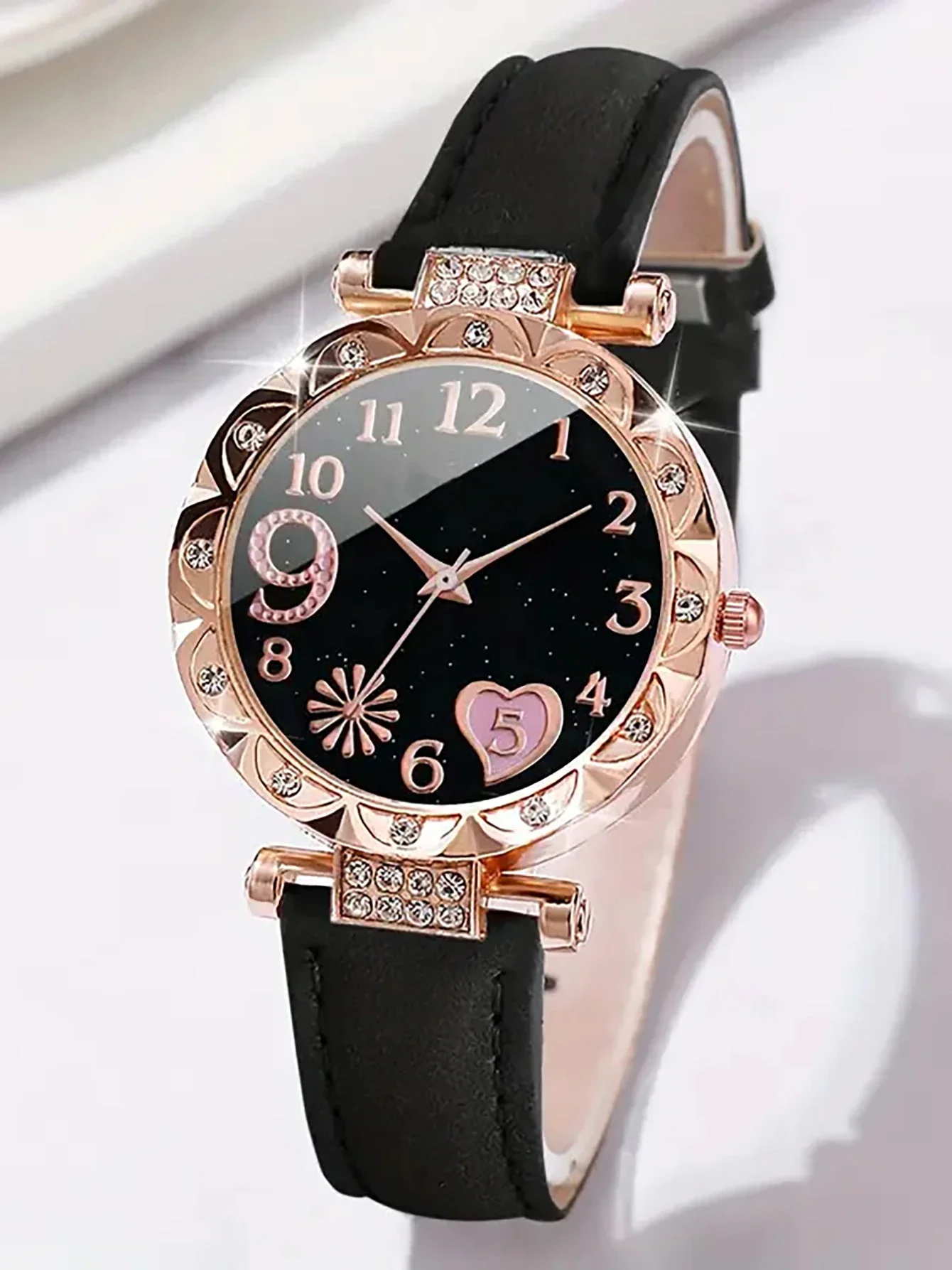 6PCS Women\'s Fashion Quartz Watch Luxury Pink Leather Band Analog WristWatch Ladies Watch Women Dress Bracelet Set  Clock