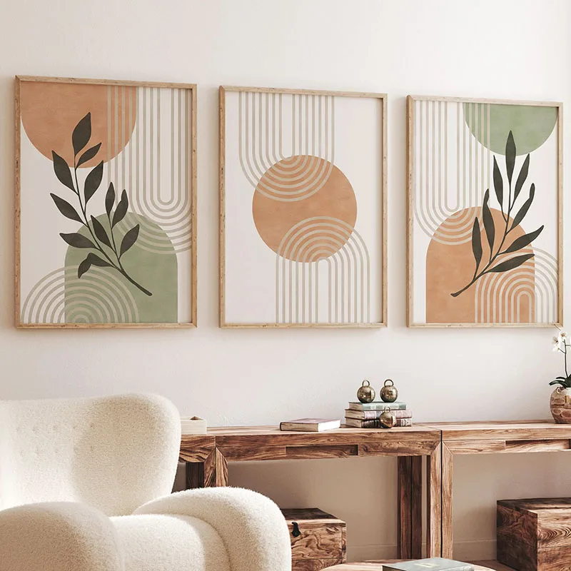 Boho Green Leaves Sun Line Rainbow Geometry Wall Art Canvas Painting Abstract Posters And Prints Pictures For Living Room Decor