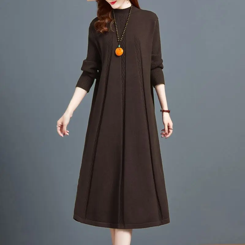 Herbst Winter Frauen Grundlegende Gestrickte Kleider Elegante Hälfte Rollkragen Solide Lange Hülse Lose Pullover Lange Kleid Weibliche Basis Shirt