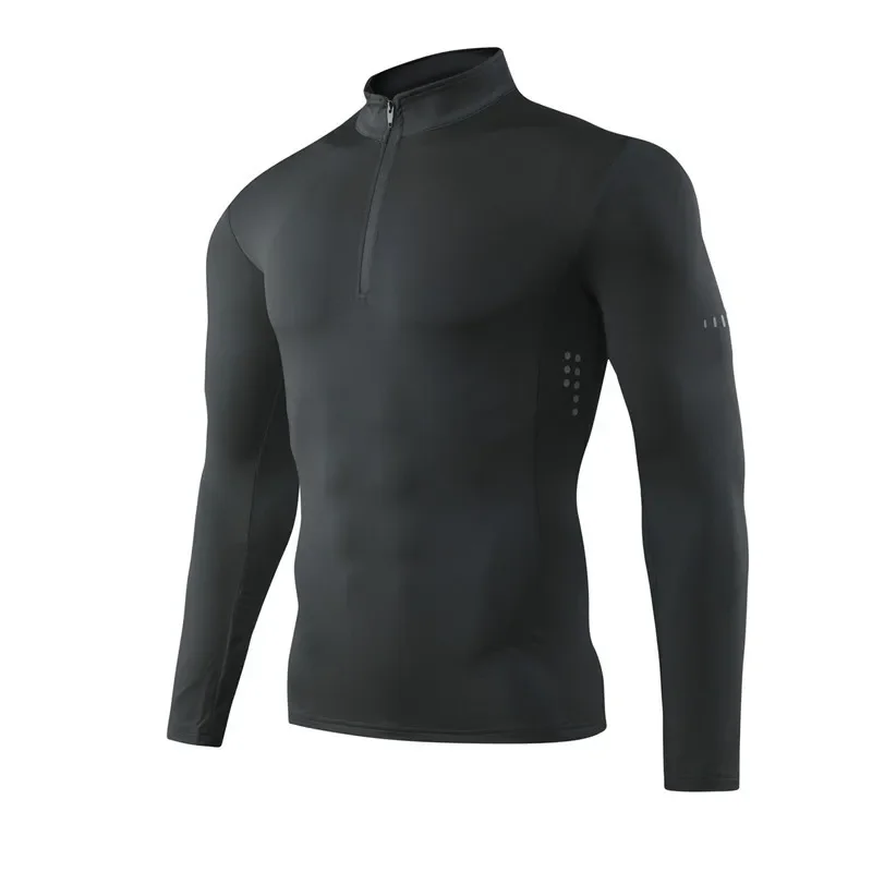 2025 quick-drying Men T-shirts long-sleeved fitness clothes elastic running quick-drying zipper stand-up collar training