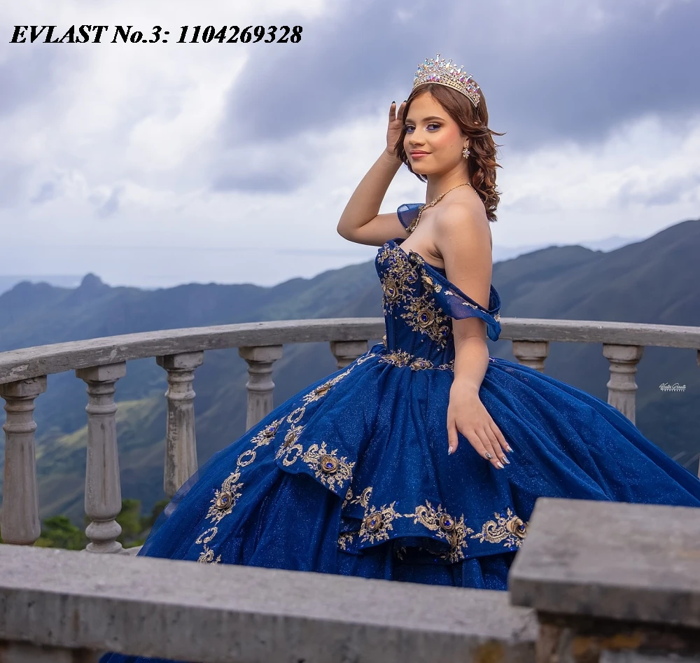 EVLAST Sukienka Quinceanera w kolorze granatowym z brokatem, suknia balowa, złota koronka, aplikacje, koraliki, Sweet 16 Vestidos De 15 Anos E3Q743