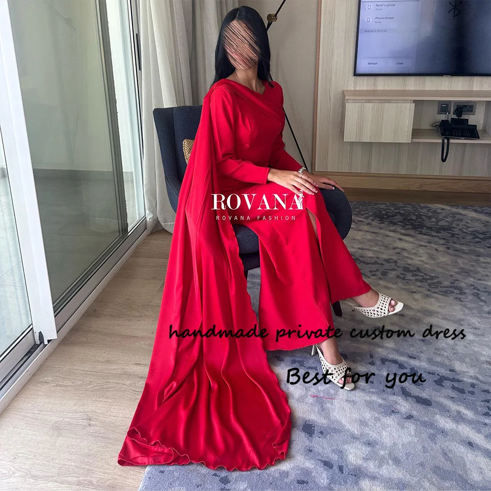 

Red Satin Mermaid Evening Party Dresses Long Sleeve O Neck Wedding Guest Dress with Cape Arabian Dubai Formal Prom Dress