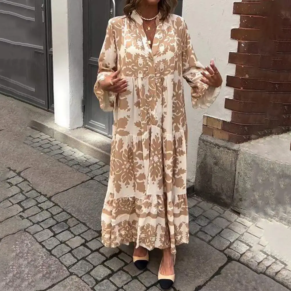 Women Maxi Dress V Neck Floral Printed Pleated Ruffle Patchwork Hem Horn Sleeves Single-breasted Long Dress Vestidoes Mujer