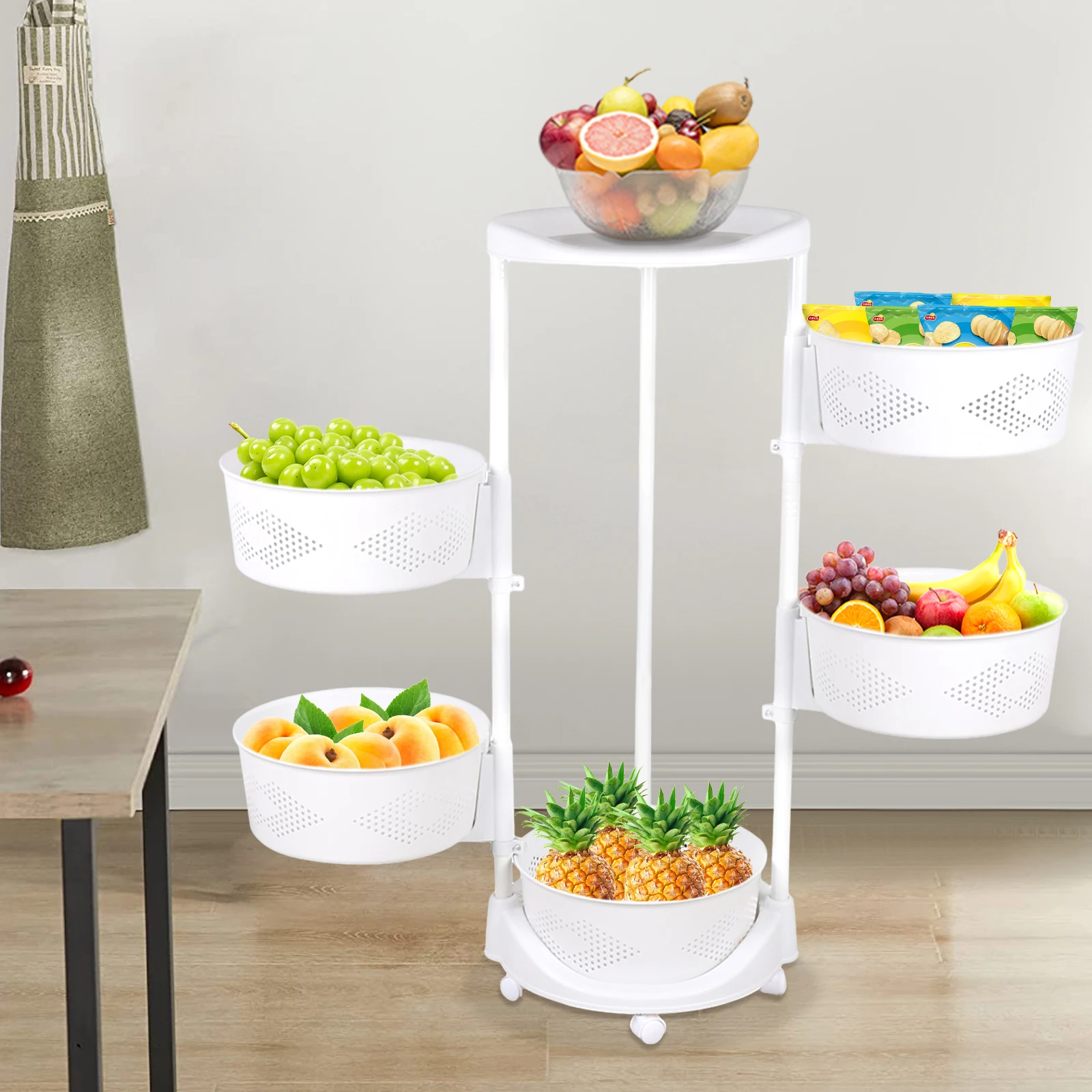 

5-Layer White Kitchen Cart Removable Rotating Basket Vegetable Rack Basket with Wheels