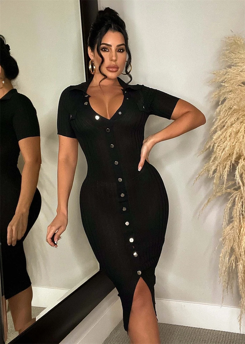 black button up bodycon dress Short Sleeve Sweetheart V Neck Dress | Shirt Dress