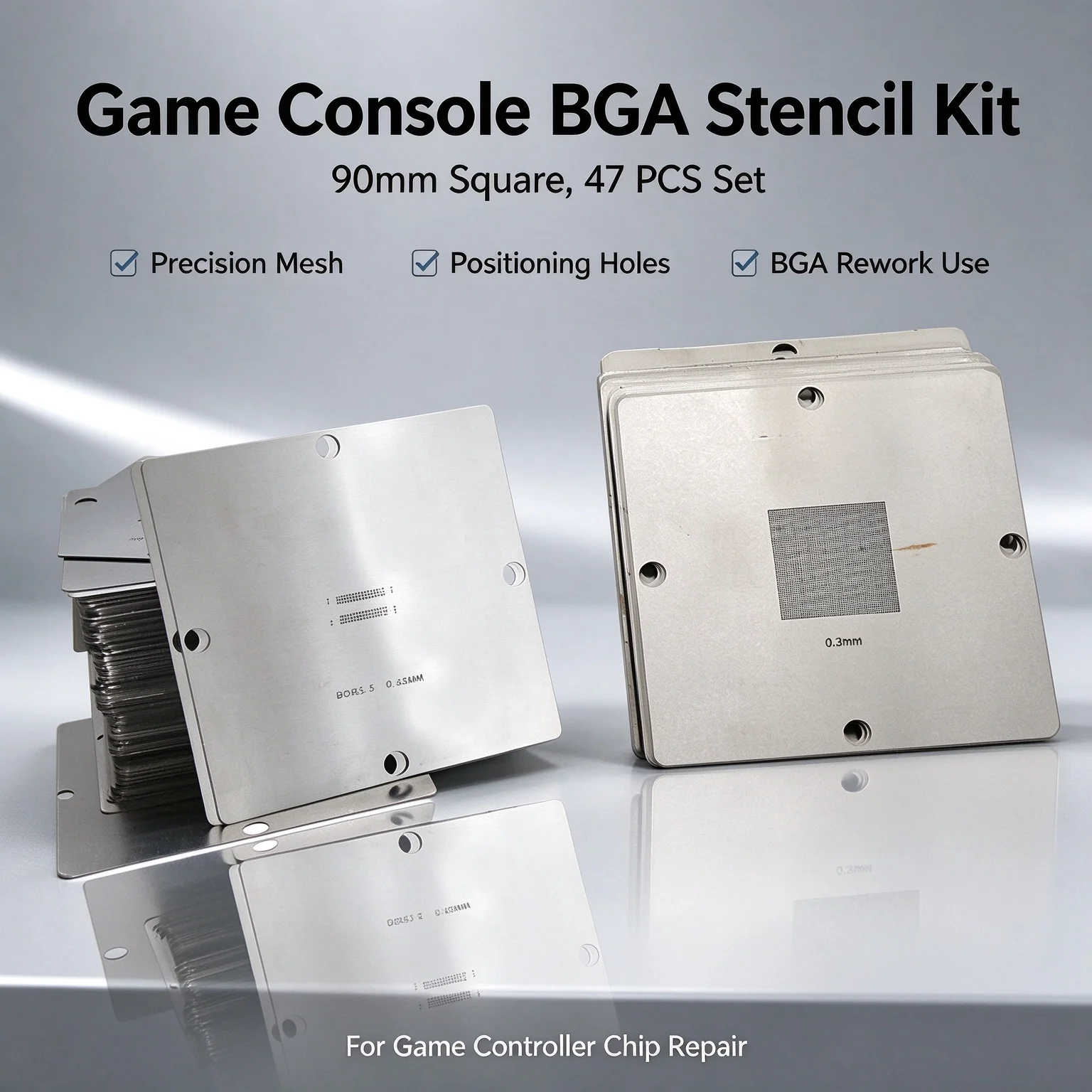 47Pcs Game Console BGA Stencil Kit 90mm Square Steel Template Set for Soldering Repair BGA Rework Station