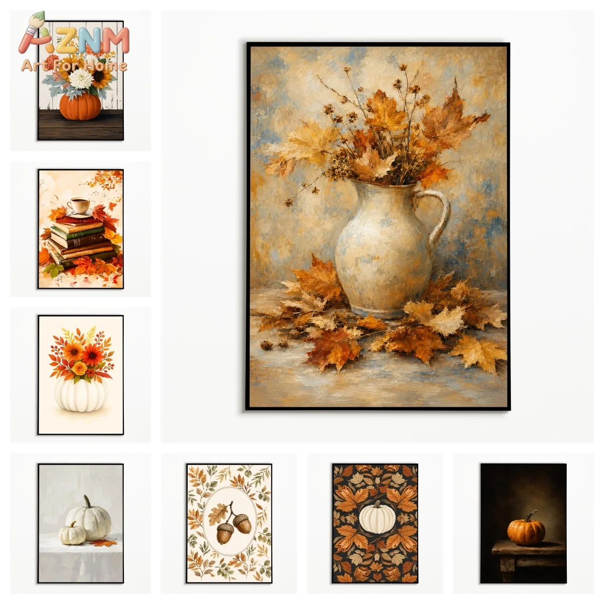 AZNM Vintage Oil Painting Autumn Maple Leaf Pumpkin Floral Still Life Canvas Wall Art Farmhouse Fall Season Home Living Room Dec