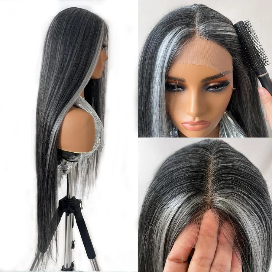 باروكة دانتيل مستقيمة 40 بوصة مع لون مختلط أسود ورمادي للنساء والفتيات ألياف مقاومة للحرارة طويلة للغاية بدون صمغ P