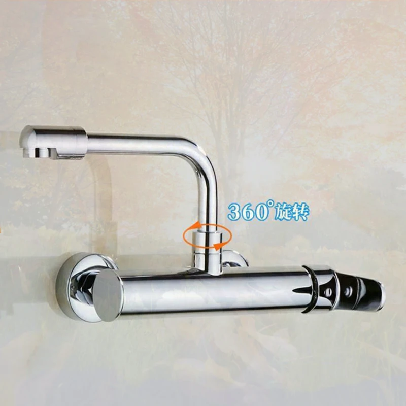 Bathroom Faucet 360 Rotate Dual Hole Wall Mounted Silver Black Kitchen Faucets Brass Cold Hot Water Folding Crane Sink Mixer Tap