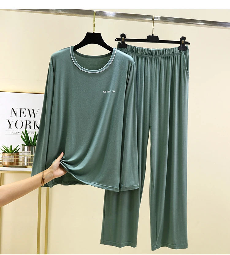 남성용 XL-4XL 파자마 라운드넥 긴팔 잠옷 세트 빅사이즈 모달 파자마 남성 봄 가을 홈웨어 피자마 옴브레