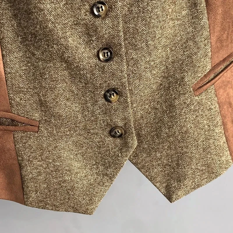 Vintage Splicing Suede Women's Blazer Vest Coat V Neck Slim Fit Temperament Sleeveless Short Vest Versatile Lady Suit Waistcoat