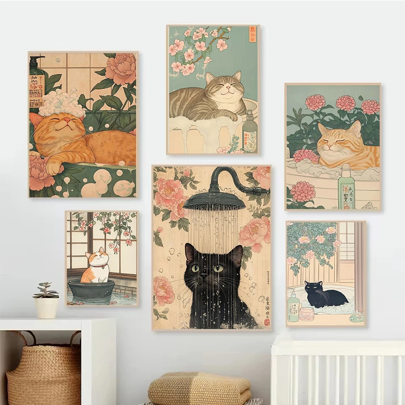 Japanese Bathtub Lazy Cat Bathing Retro Aesthetics Art Poster Canvas Print Mural Bathroom Living Room Bedroom Decoration Gift