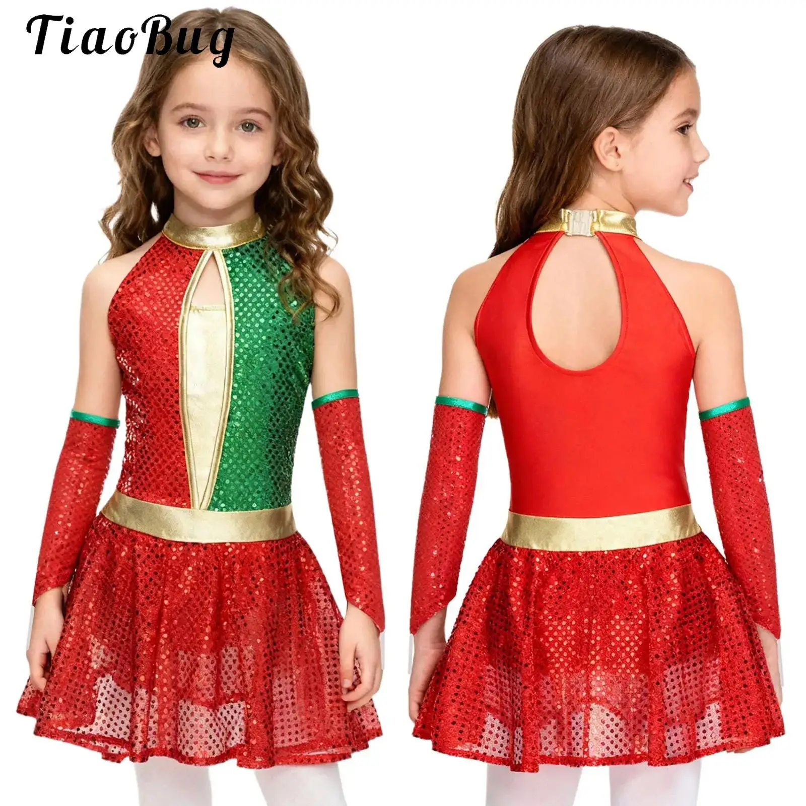 

Teen Girls Sequins Christmas Dance Costume Mrs Santa Claus Outfits Jazz Latin Figure Ice Skating Tutu Dress Leotard Dancewear