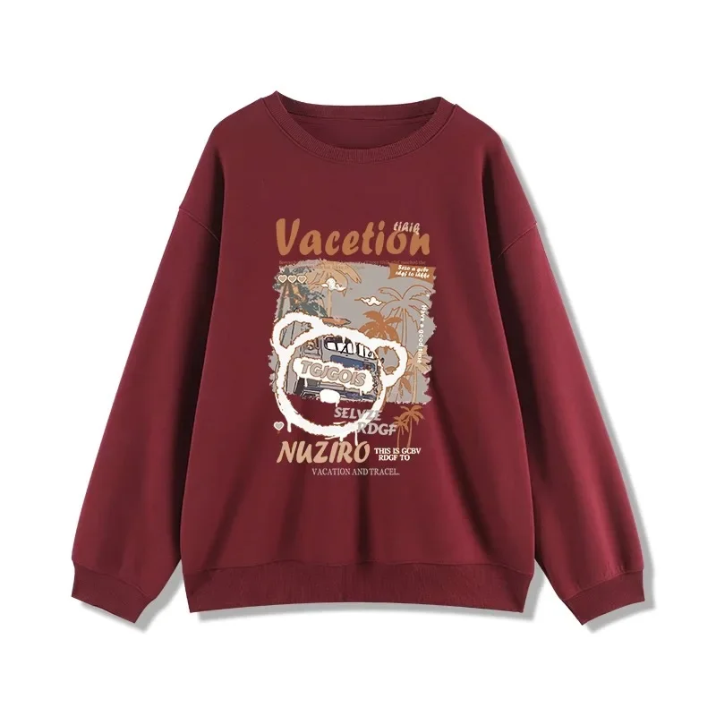 Cartoon Bear Letter Printing Crewneck Brown Sweatshirt Fleece-lined Autumn and Winter Casual Pullover Top for Men and Women
