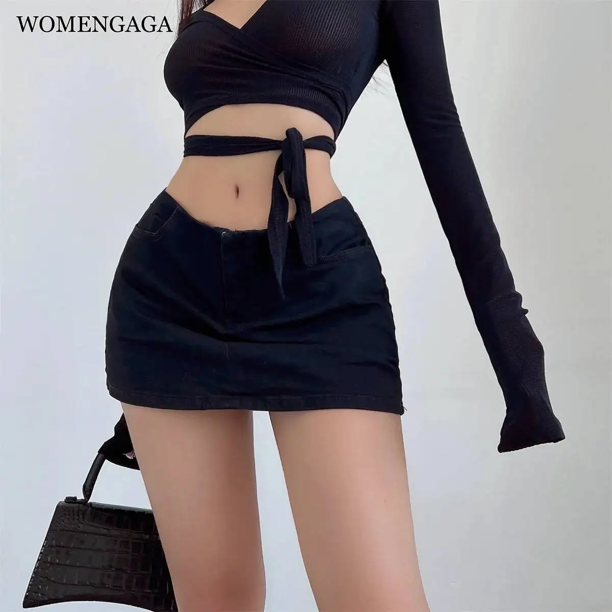 WOMENGAGA Spicy Girl Waistless Head Denim Unif Skirt Women's Low Waist Elastic A-line Half Length Skirt Streetwear Mini  8YSS
