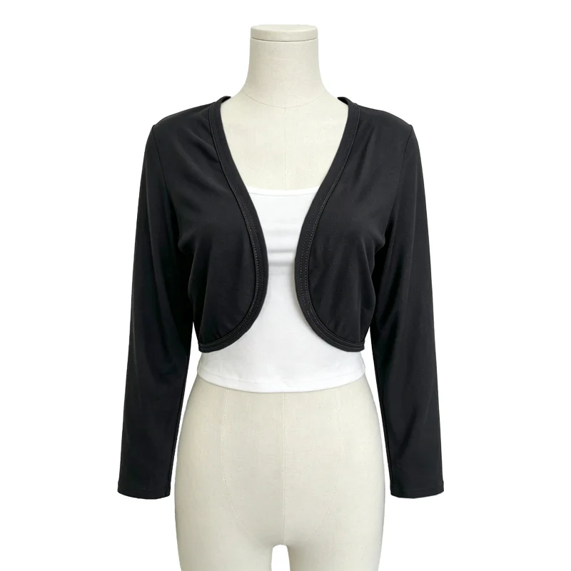 Damen-Bolero mit langen Ärmeln und offenem Vorderteil, kurze Strickjacke, leichte Strickbluse, kurze Jacke, weiches Oberteil, dehnbares Oberbekleidungsstück. – Detail 4