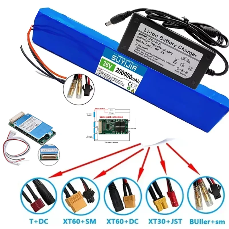 10s4p 36V 200Ah 100% Original 20000W Large Capacity 18650 Lithium Battery Pack Electric Bicycle Scooter with BMS XT60 Plug