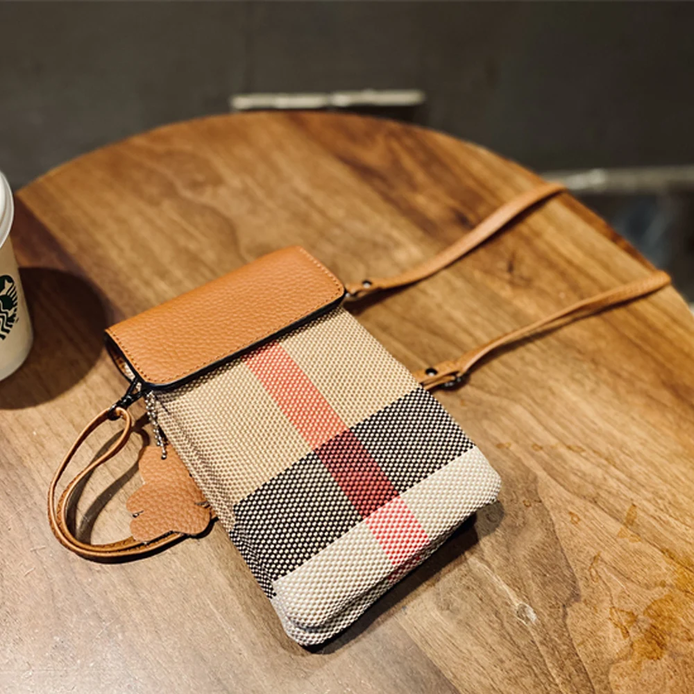 Luxury Small Canvas Crossbody Bag For Women Retro Genuine Leather Flap Mobile Phone Purse And Handbag Classic Plaid Female Bag