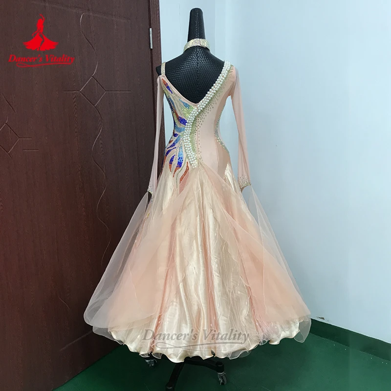 قاعة الرقص الروبيان الوردي اللؤلؤ الديكور طويلة الأكمام ملفوفة الوركين فستان تخصيص حيوية الراقصة الكبار الفالس التانغو الملابس