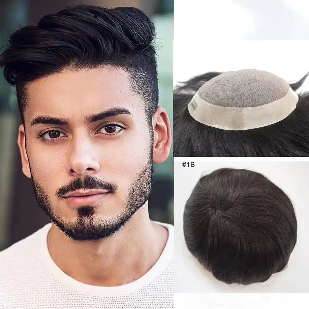 

Mono Lace Man Wigs With NPU Natural Black Straight Hair Replacement Breathable System Prosthesis Pieces Male Units on the sale