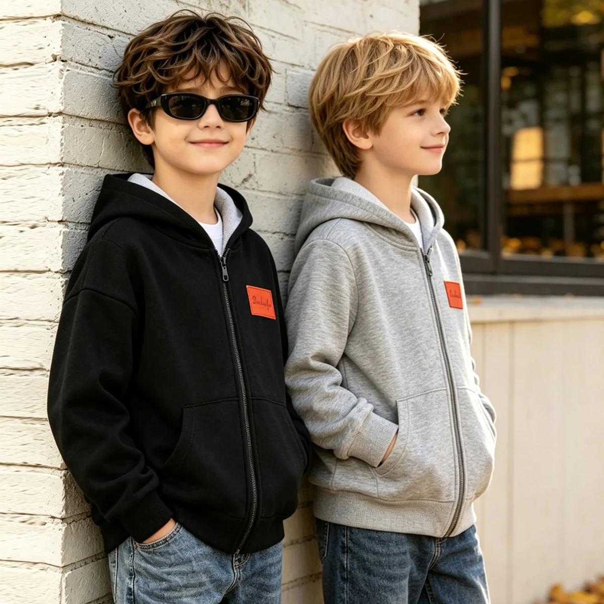 1/2 Piece Children's Autumn Boy/Girl's Same Zipper Hooded Sweatshirt Solid Color Letter Logo Fashionable Comfortable And Loose