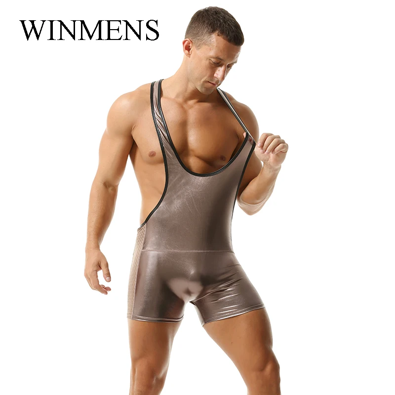 Men's Shiny Jumpsuit  Splicing Imitation Leather and Mesh Elastic One Piece Underwear Halter Sleeveless Low-necked Costume