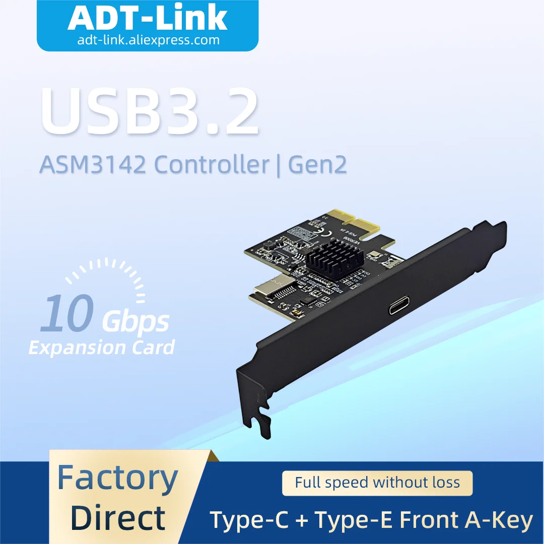 USB3.2 Gen2 10Gbps Expansion Card ASM3142 Chip Type-C + Type-E A-KEY Front Panel Internal Adapter for Desktop PCIE X1 Riser Card
