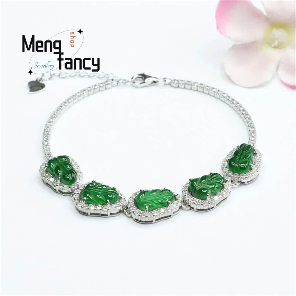 S925 Silver Lnlaid Natural Jadeite Ice Imperial Green Leaf Bracelet Exquisite Elegant Simple High-grade Luxury Quality Jewelry