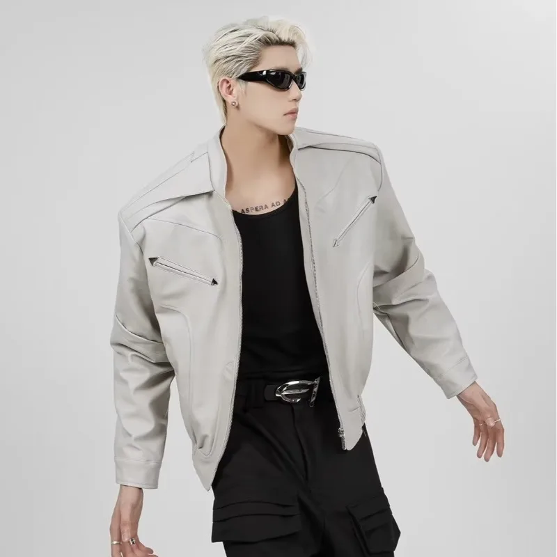 American Fashion Stand Collar Zipper Leather Jacket High Street Motorcycle Clothing Men's Casual Loose Fashionable Cardigan Top