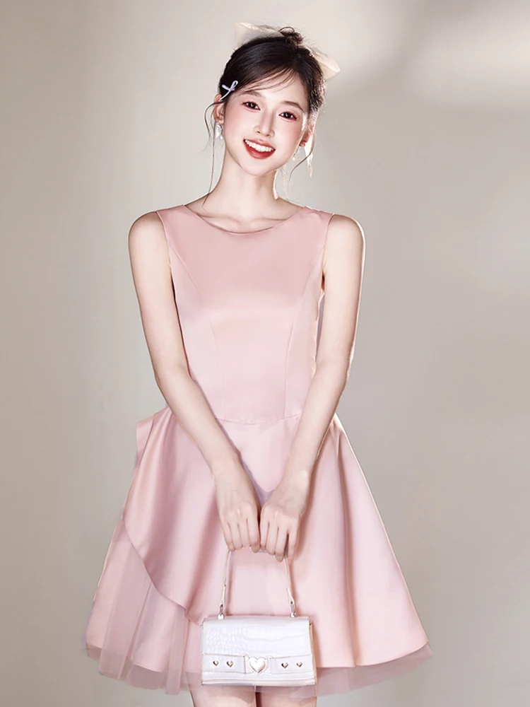 Robe de soirée courte rose en Satin pour femmes, tenue de soirée élégante, col ras du cou, ligne a, légère, de luxe, plissée, pour occasions formelles