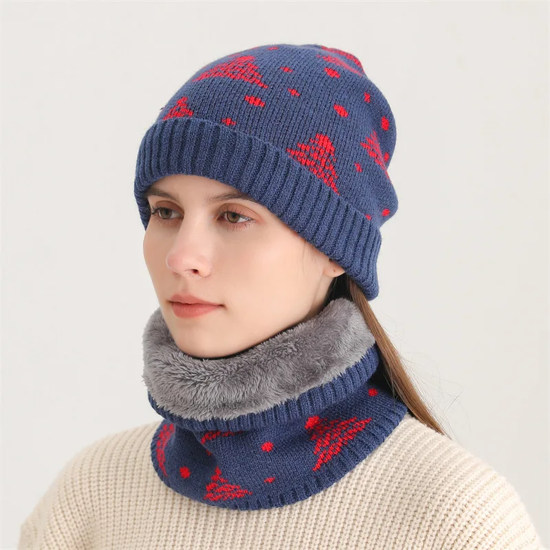 Luxury 2pcs Set Winter Women Hat Scarf Suit Plus Velvet Lined Thick Warm Neckerchief Beanies Versatile Men Knitted Biking Cap