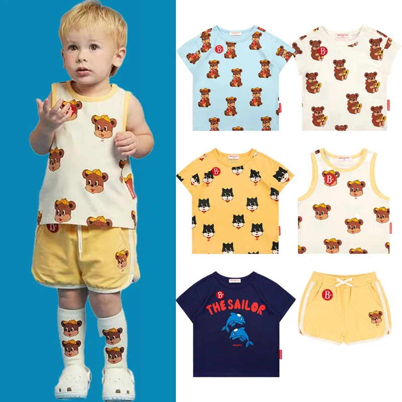 

2025 New Summer Children's Clothing Set Korean Boy and Girl Little Bear Printed Tank Top T-shirt Kids Shorts Set
