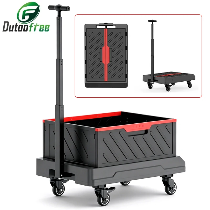 4 Wheels Collapsible Shopping Trolley with Storage Box Load-bearing 60KG Portable Hand Cart  Foldable Luggage Transport Cart
