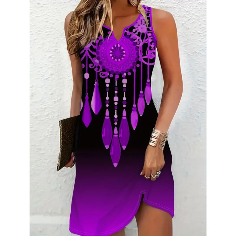 เดรสสีม่วงลายพิมพ์สไตล์ลำลองสำหรับฤดูร้อนแบบใหม่สำหรับผู้หญิง