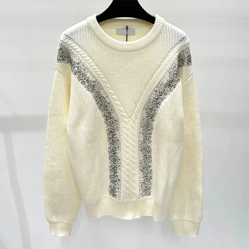 

High quality 100% Wool Women Rhinestone Decoration Sweater Long Sleeve Round Neck Fashion Female Jumper Autumn Winter 924011