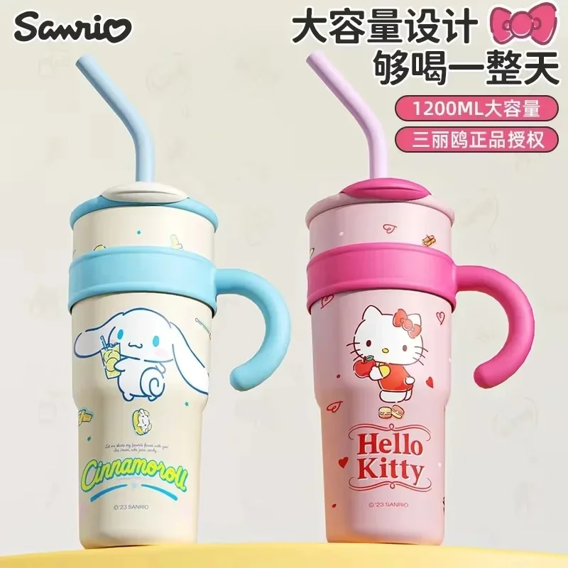 Sanrio 1200ml Water Cute My Melody Hello Kitty Insulated Bottle Large Capacity Straw Thermos Cup Cartoon Children Stainless Cup