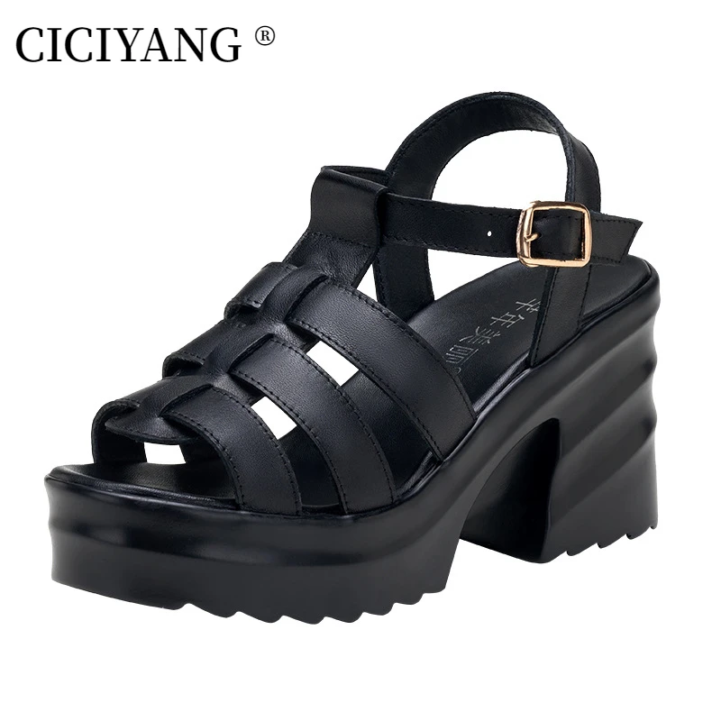 

CICIYANG Women Gladiator Sandals 2024 New Chunky Ladies Summer Shoes High Heel Roman Sandal Handmade Casual Black Leather Sandal