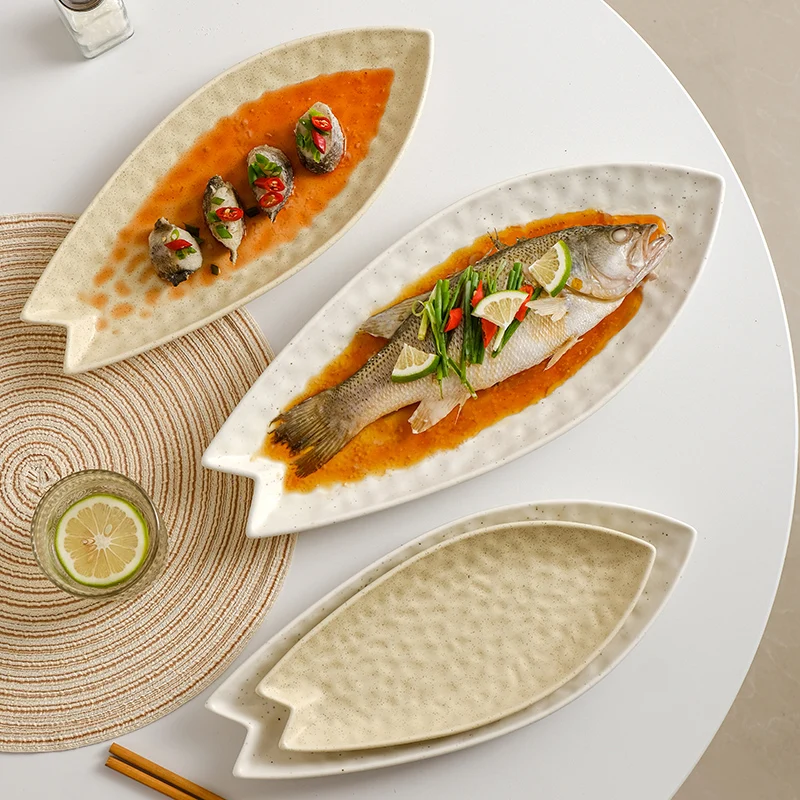 Fischteller im japanischen Stil, für Zuhause, Restaurant, High-End-Keramik, Küchenbedarf, kreative Sesamglasur, Fischform, Sushi-Teller