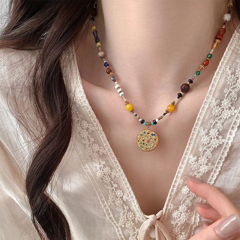 Minar 2025 New Candy Color Natural Stone Beads Rhinestones Round Coin Pendant Necklaces for Women 18K Gold Titanium Steel Choker