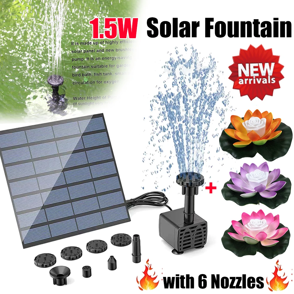 1.5W Solar Fountain Pump with 6 Nozzles Mini Fountain Pool Pond Waterfall for Outdoor Bird Bath Pond Garden Decor Floating Lotus